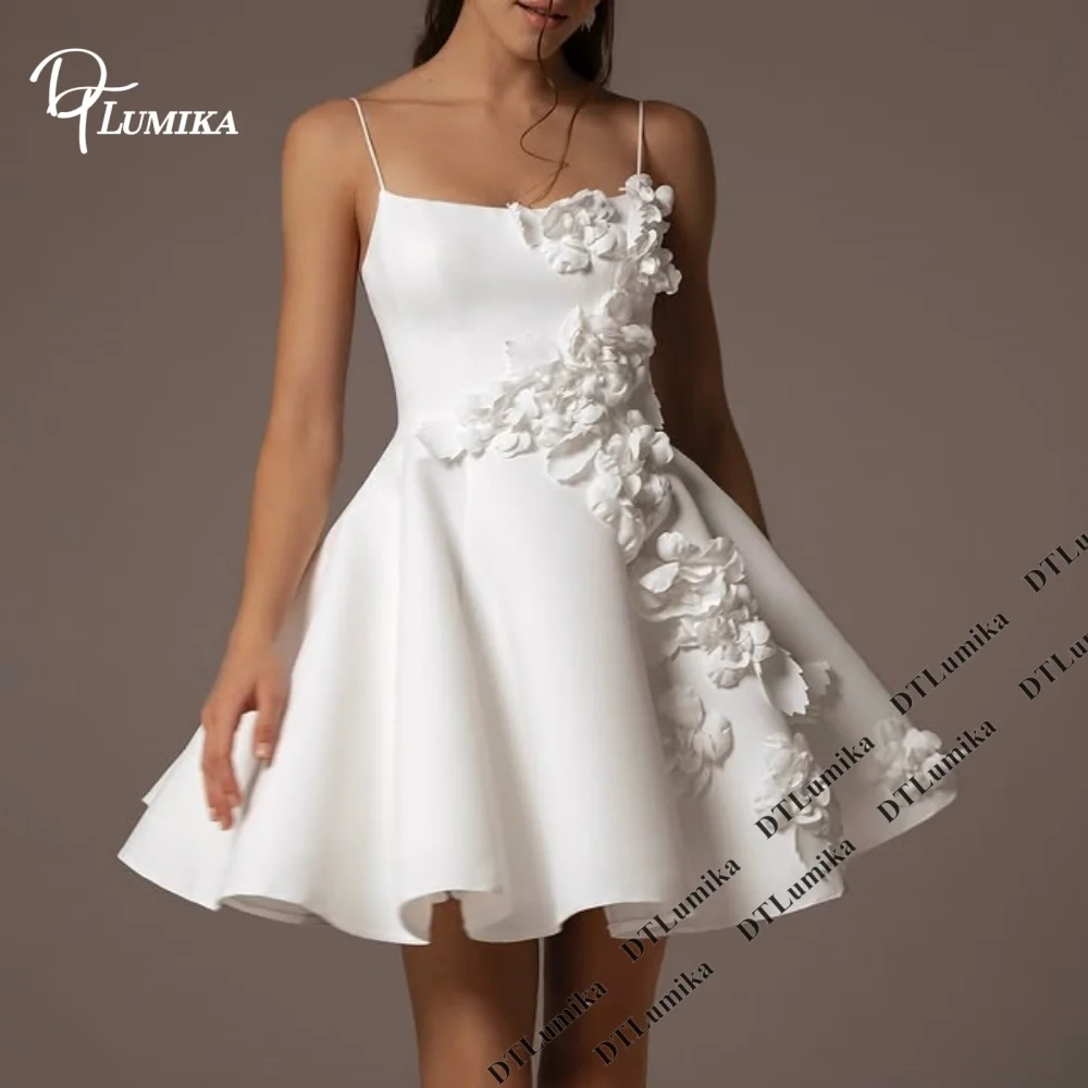 DTLumika Spaghetti Strap Mini Wedding Dress Customized 3D Floral Satin Short Bridal Gown for Elopement Photoshoot Sweet Bride
