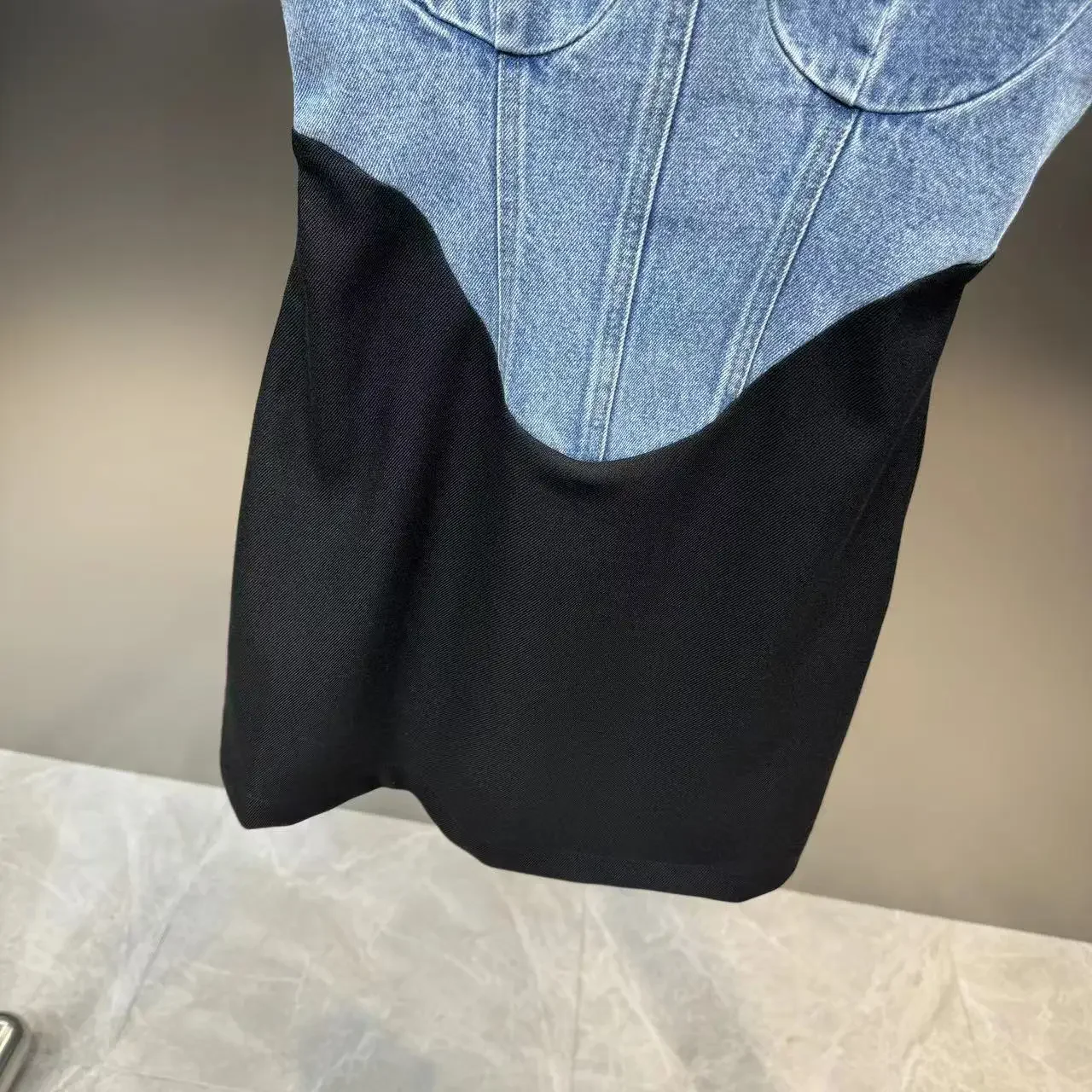 DEAT Shoulder Strap Detachable Denim Splice Dresses For Women 2024 Summer New Fashion Versatile Suspenders Dress Female 11XX9233