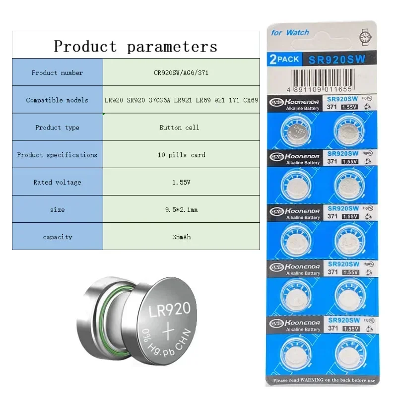 AG6 Button Cell Battery 1.55V Coin Alkaline Battery 371 SR920SW LR920 SR927 171 370 L921 LR69 SR920 AG6 Batteries