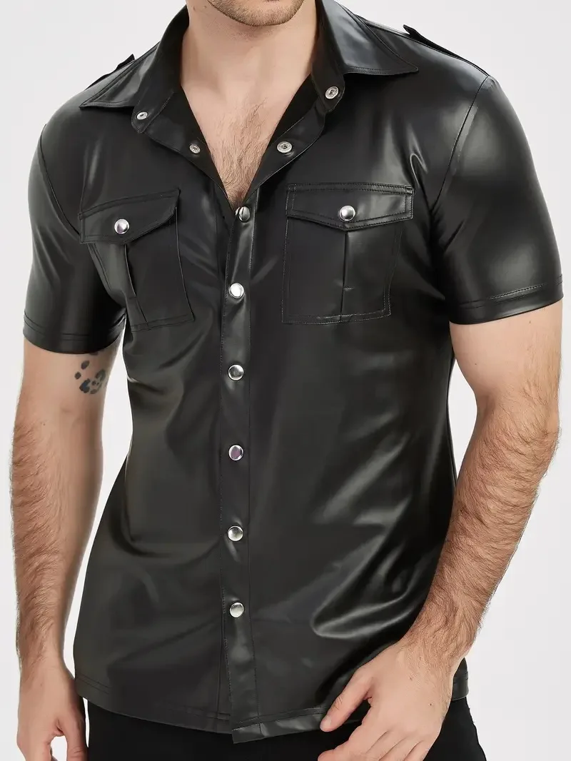 Men's PU leather shirts elastic short sleeve superior quality