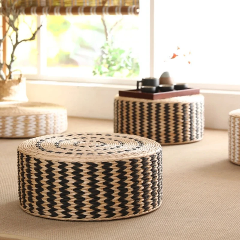 40/45cm Round Woven Straw Pouf Japanese Tatami Cushion Zafu Meditation Mat for Yoga Floor Seating or Ottoman Stool