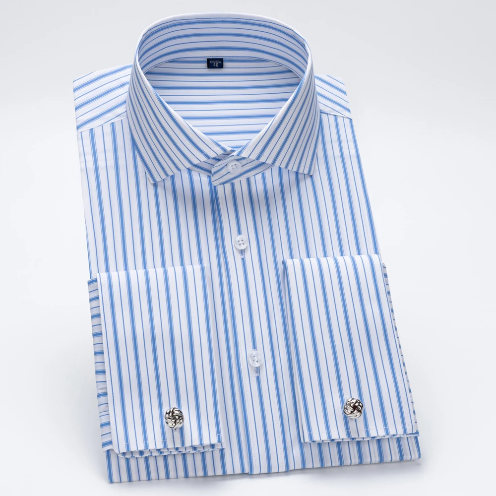 French Cuff Windsor Collar Striped Dress Shirts for Man, Pocketless Modal Blend Formal Business Tuxedo Party with Cufflinks