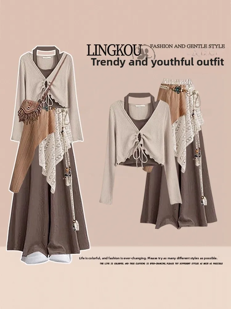 

plus Size Autumnal Mermaid Set Women's Anti-Aging Fake Two-Piece Top Wide-Leg Slimming Casual Pants Curtain Three-Piece Set