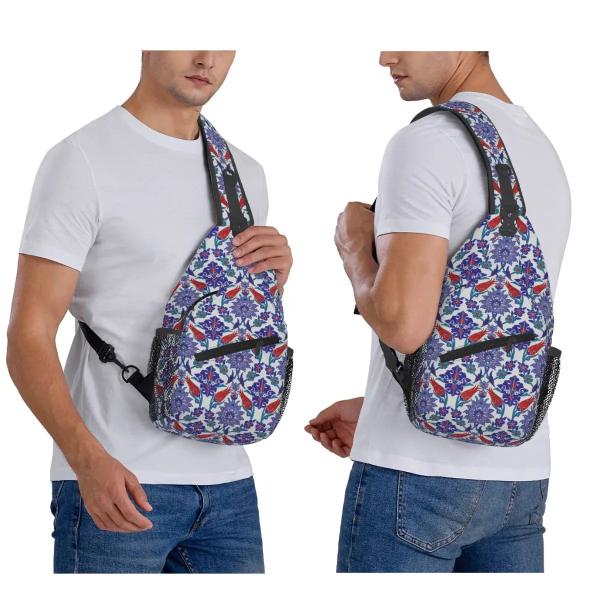 

Oriental Tile Floral Pattern Chest Bag Men Sling Crossbody Backpack Chest Bag Travel Hiking Daypack Shoulder Bag