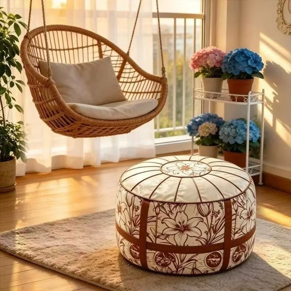 Shoe Changing Stool PU Leather Footstool Cover Unfilled Waterproof Pouf Cover Large Capacity Detachable Ottoman Stool Bedroom