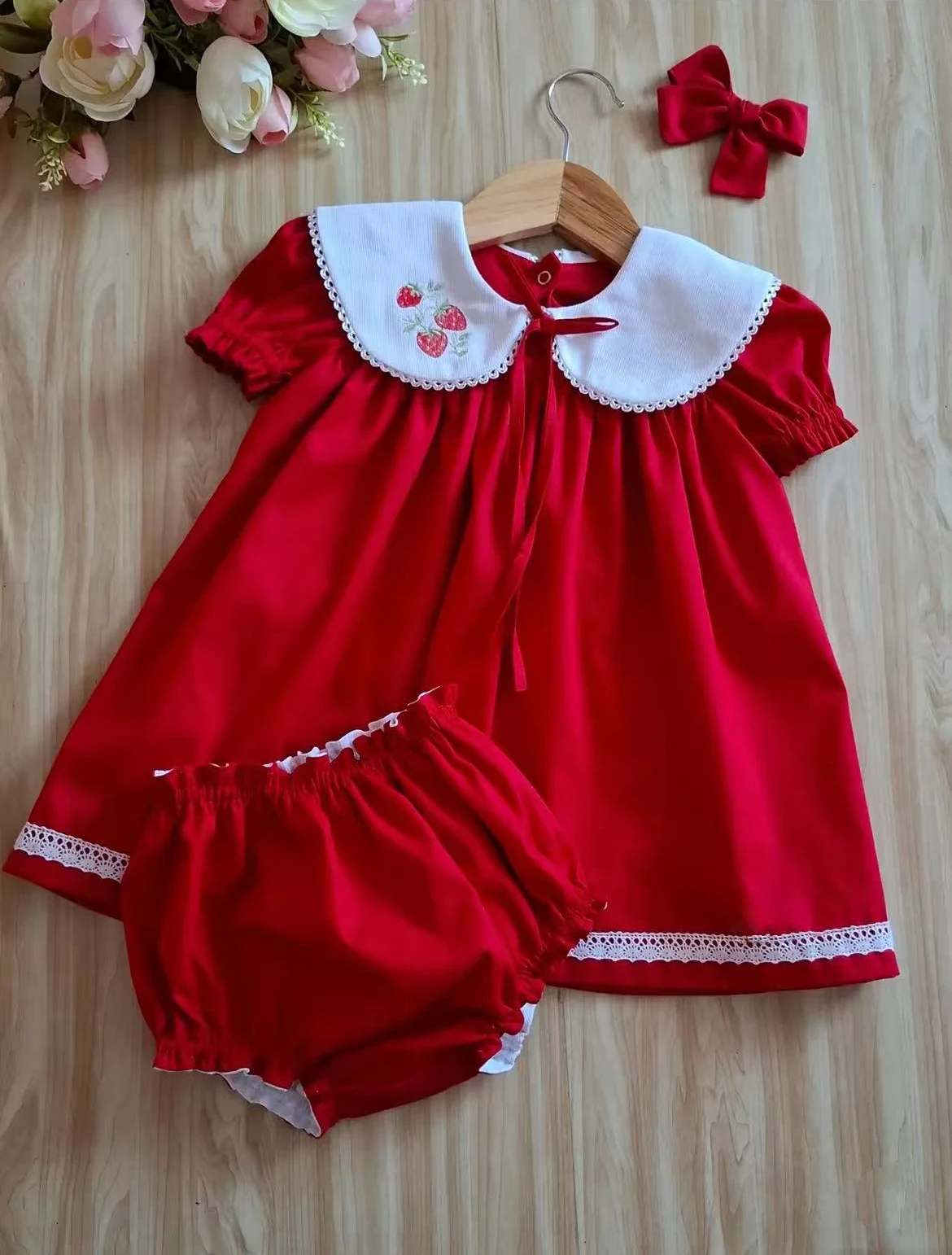 

0-12Y Baby Girl Summer Strawbarry Embroidery Vintage Princess Red Dress for Birthday Photography Holiday Eid Christmas 440