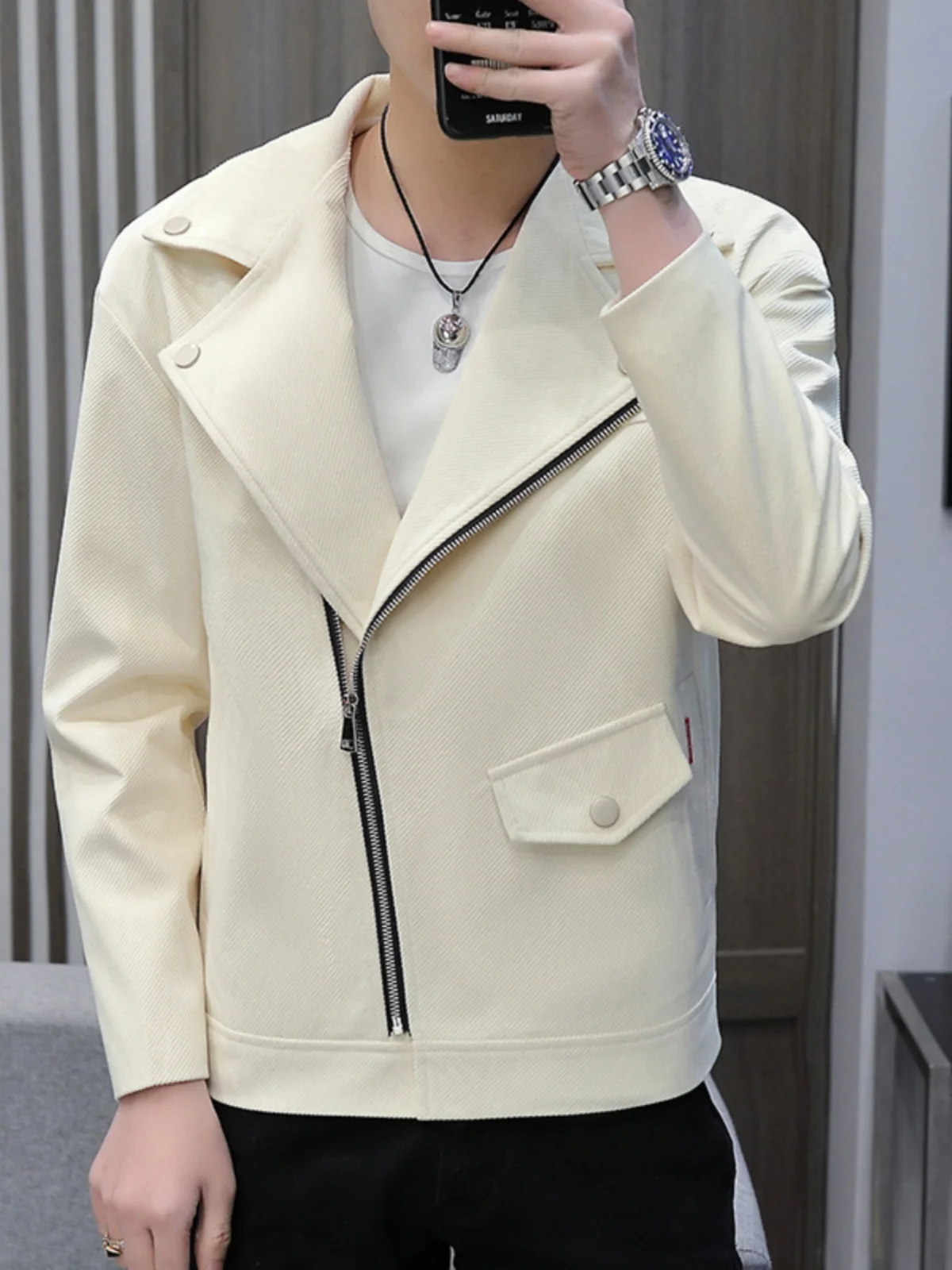 Slim Fit Men's Jacket Spring Autumn New Style Turn-down Collar Open Cardigan Shirt Handsome High-end Zipper Decorated Polyest...