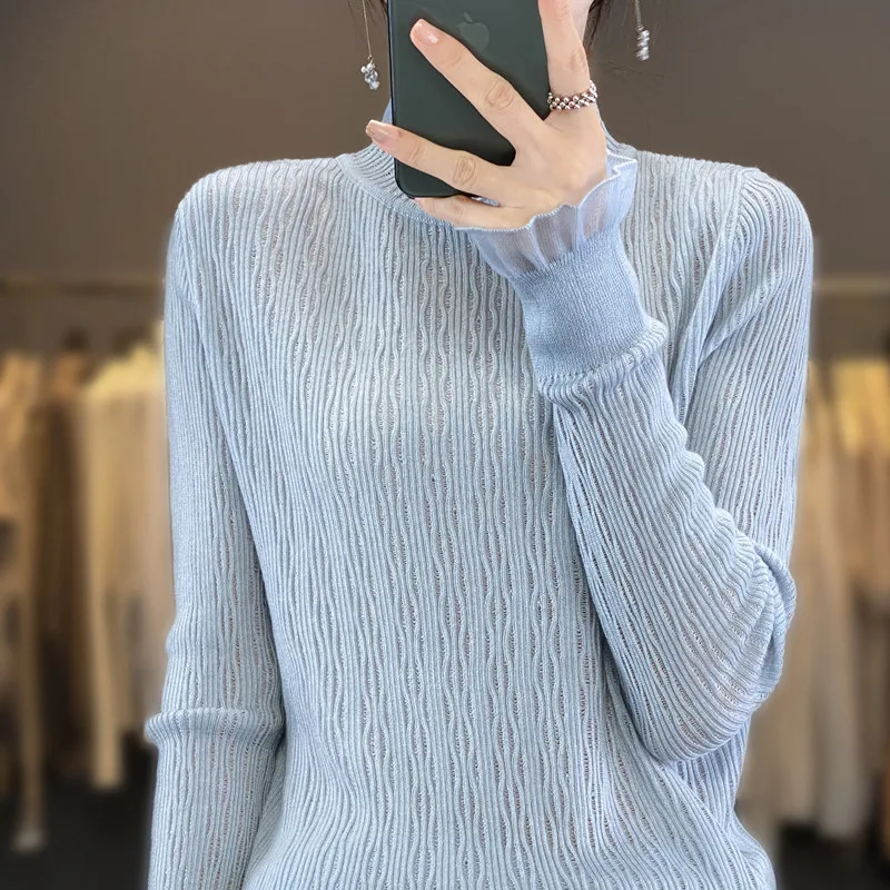 Women New Fine Wool Silk Sweater Lace Half-high Collar Hollow Out Pullover Spring Autumn Bottoming Shirt Knitting Top