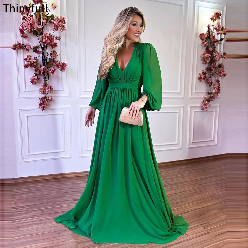 

Thinyfull A-line Green Prom Dress V-neck Long Sleeves Chiffon Evening Party Dresses Vestidos De Fiesta Elegantes Para Mujer 2023