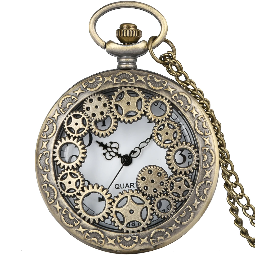 Montre de Poche à Quartz Unisexe en Bronze avec Roue d'Engrenage Creuse, Accessoire à la Mode avec Numérisation Arabe, Collier, Pendentif, Horloge, Idée Cadeau pour Homme