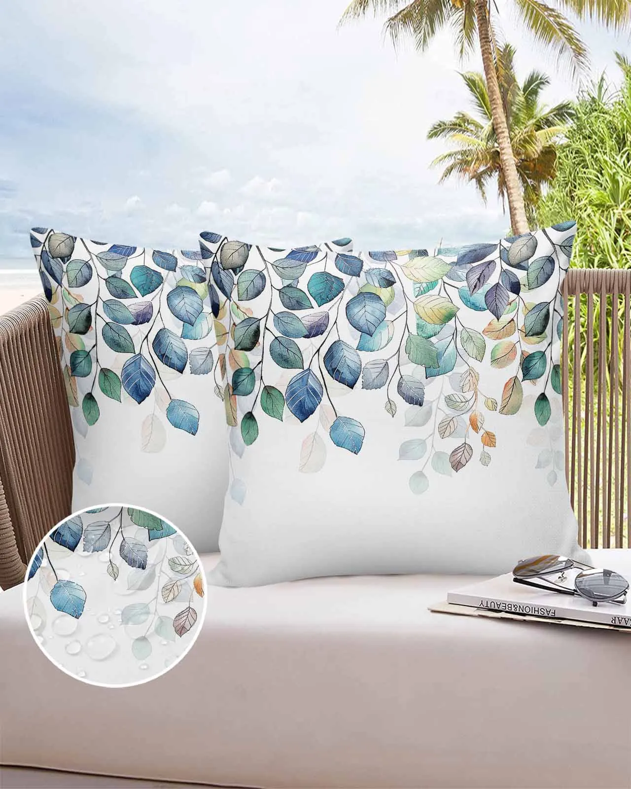 

Leaves Plant Blue Green Waterproof Pillowcase Set Car Cushion Cover Home Sofa Office Decorative Pillowcase Cover