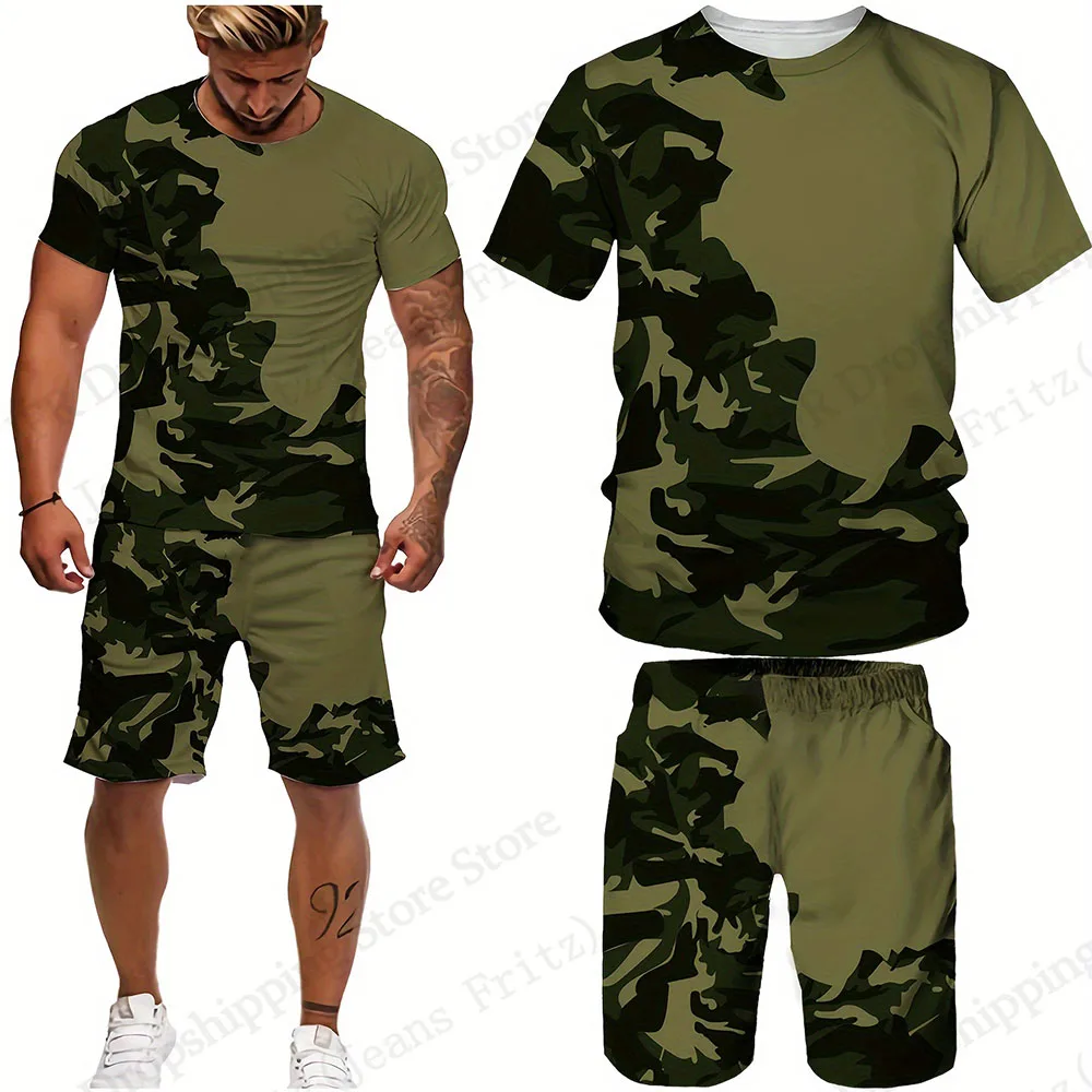 Men's Set Camouflage Clothing Tactics Camo 3d Print Set Men Fashion T-shirt+Short 2Piece Sportwear Tracksuit Suit Children