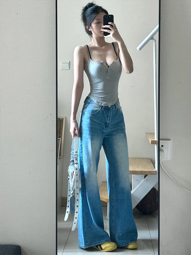 

Светло-голубые выцветшие джинсовые джинсы женские летние тонкие с высокой талией для похудения свободные прямые широкие брюки повседневная мода