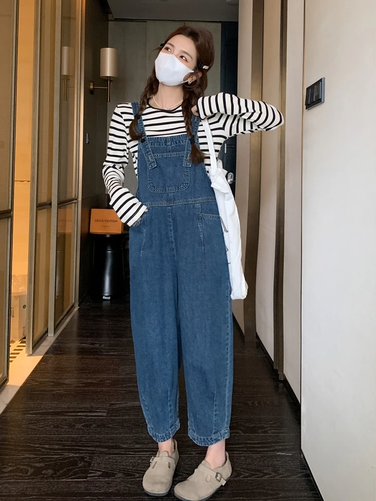 

French Style Denim Overalls Women Spring Autumn Casual High Waist Wide Leg Harem Jean Pants All-matched Suspender Trousers