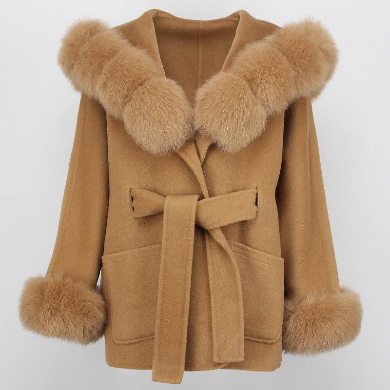 MENINA BONITA 2023 Winter Warm Natural Fox Fur Collar Hooded Women Jacket Loose Version Real Wool Woolen Coat Luxury New Fashion