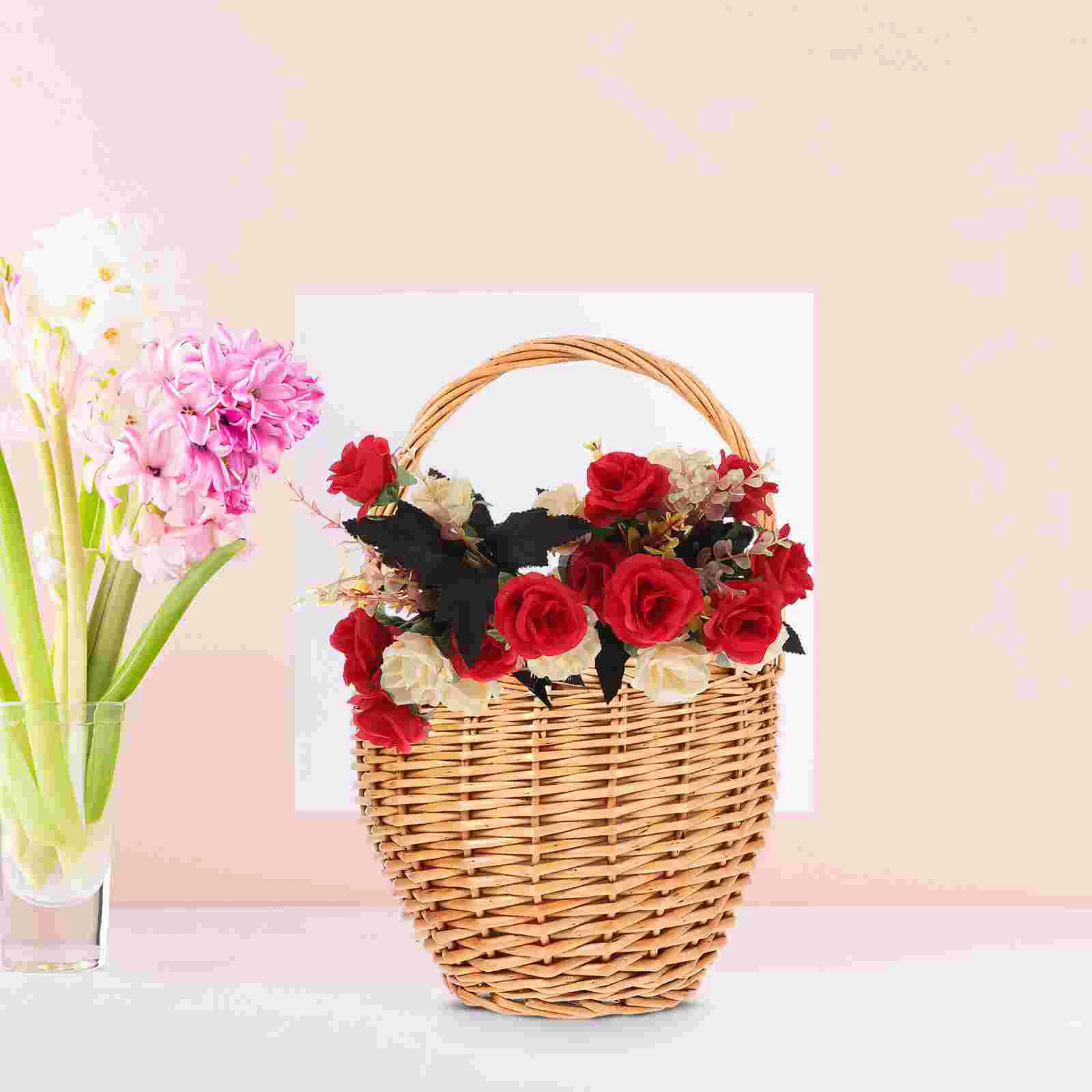 

Wicker Picnic Basket Woven Flower Baskets Weaving Storage Bins with Lids Organizer Decorative Holder Wedding Girl Travel Gift