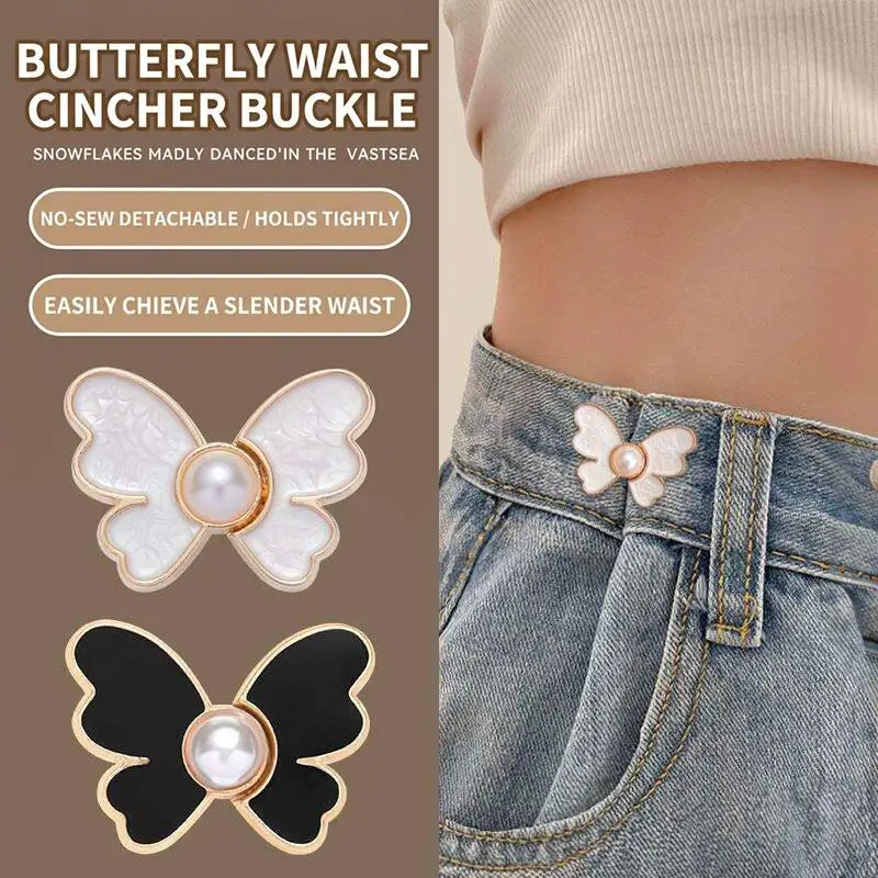 2Pcs Nail Free Butterfly Waist Cinching Buckles Pearl Decor Removable Waist Adjust Clips for Dress Jeans Casual Outfits
