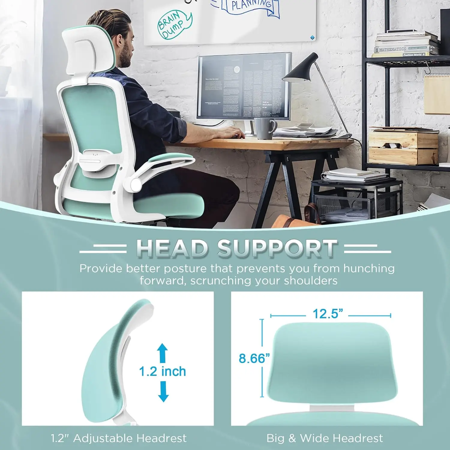 Mimoglad Office Chair High Back Ergonomic Desk Chair with Adjustable Lumbar Support and Headrest Swivel Task Chair with flip-up