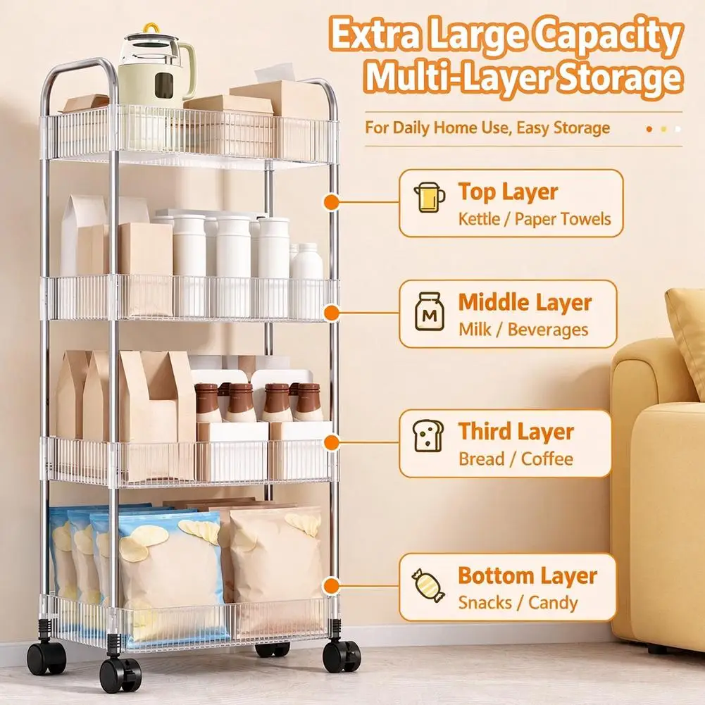 Light Luxury Storage Rack Trolley 2/3/4 Layers Transparent Acrylic Rolling Cart With Removable Hanging Baskets Snacks Bookshelf