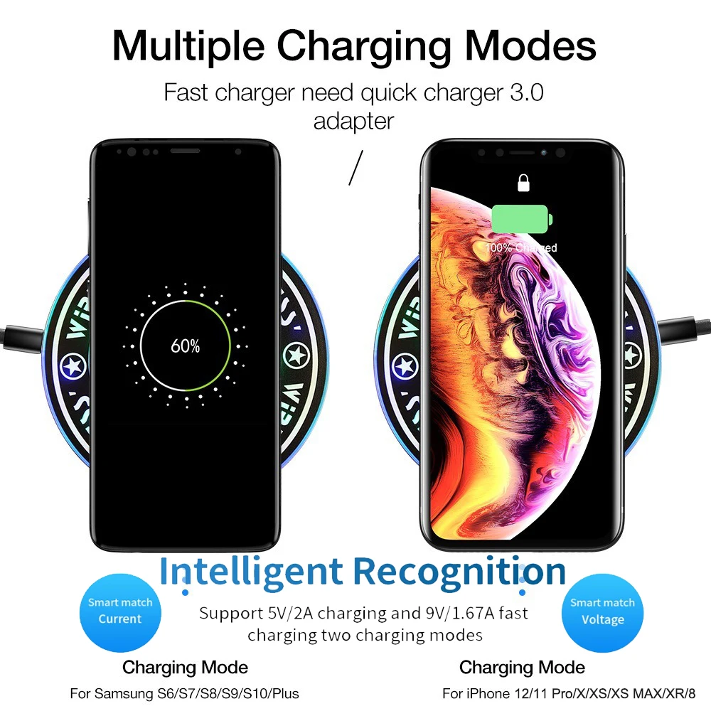 10W Magic Array Wireless Charger Fast Charging DesKtop Pad With LED Light For Samsung Galaxy S7 S6 S8 S9 S10 For iPhone 12 11 XS