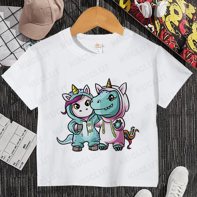 Children's Unicorn and T-Rex T-Shirt New Kids Short Sleeve Shirt Best Friend Round Neck Tops Boys Girls Unicorn Gift T Shirt