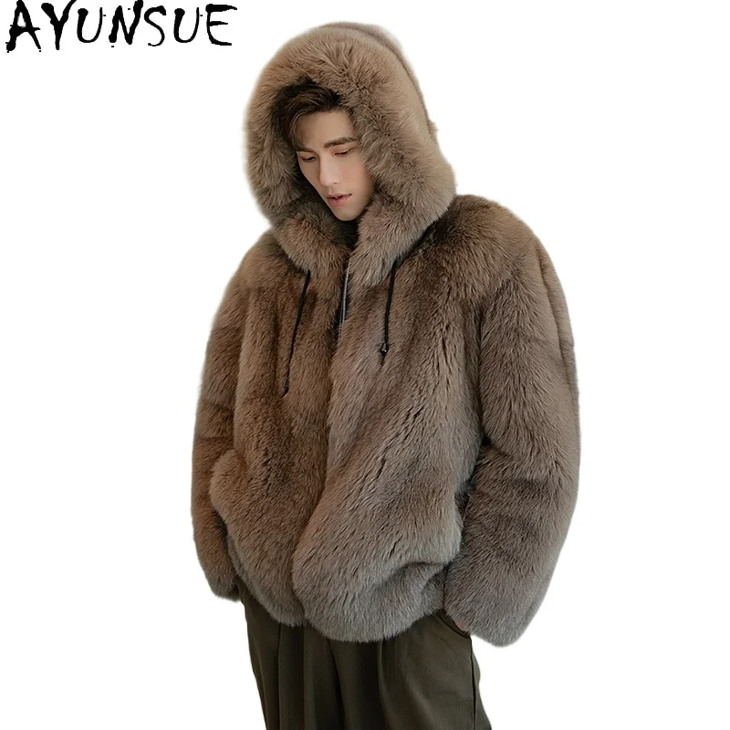 

AYUNSUE Real Fox Fur Jacket for Men with Hood Winter Short Fashion Natural Fur Coat Man Clothing Luxury 2025 High-end Mens Coats