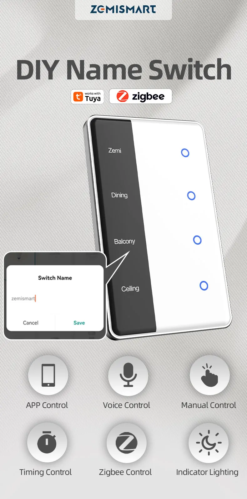 Zemismart DIY Namensschalter Zigbee Smart Display Bildschirm Touch Lichtschalter US-Typ Funktioniert mit Tuya Alexa Google Home Sprachsteuerung – Detail 2