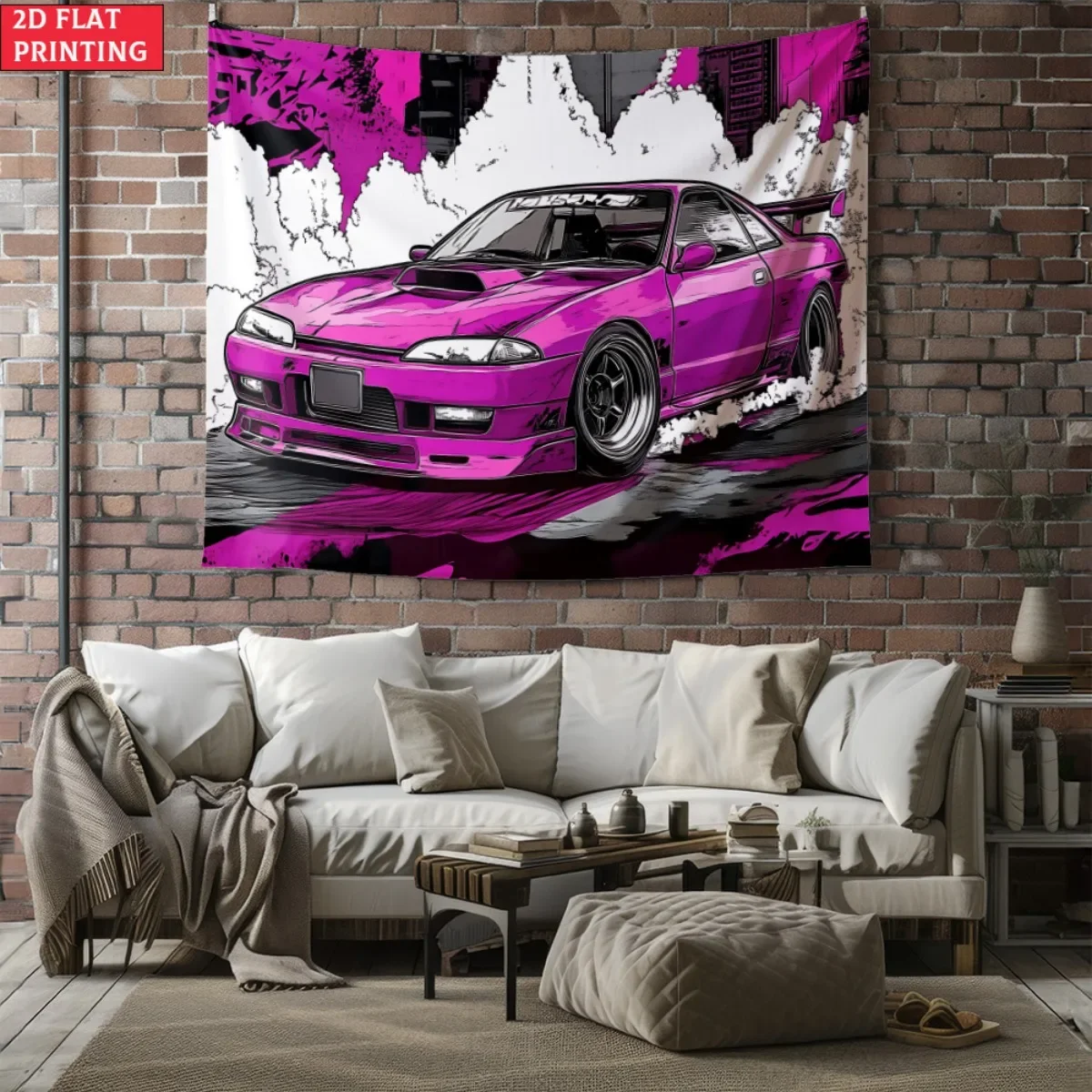 Vibrant Pink JDM Sports Car Tapestry, Modified Drift Car Wall Hanging, Modern Room Decor suitable offices bars party