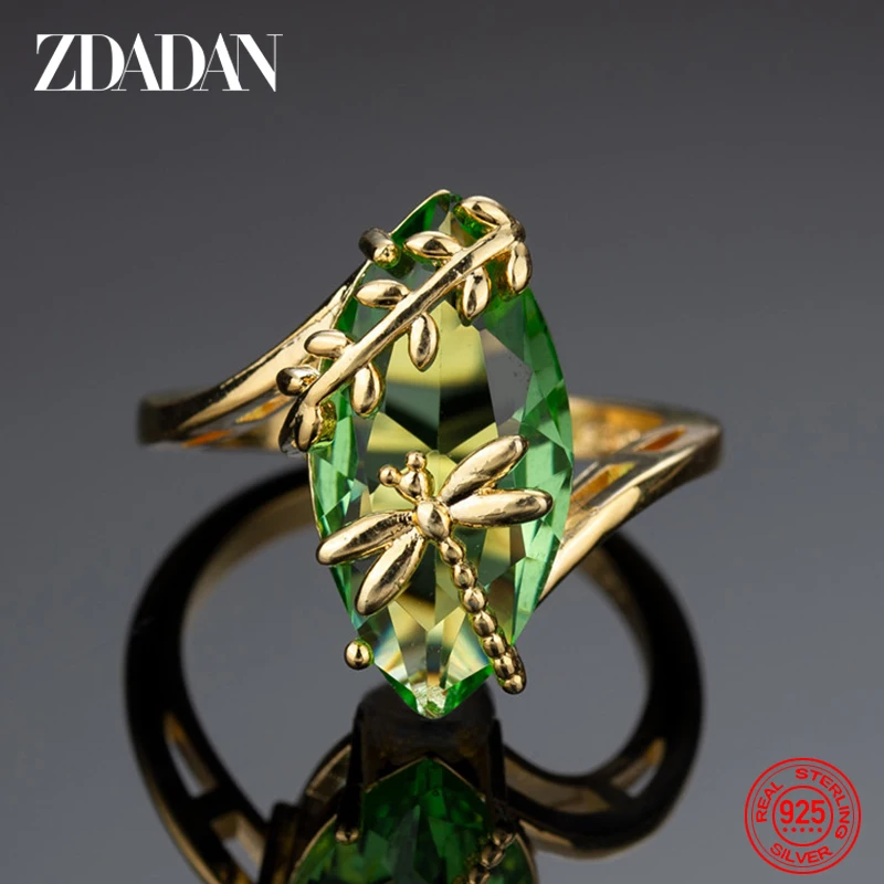 Women's 925 Silver Olive Green Gemstone Dragonfly Ring