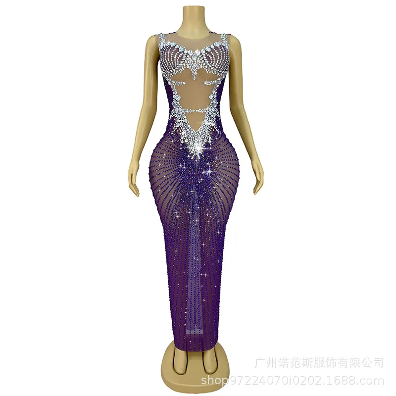 Zware industrie Steentjes Paarse billen Temperamentjurken Zangeres High-end sfeervolle modellen Catwalks Gewaden Longues