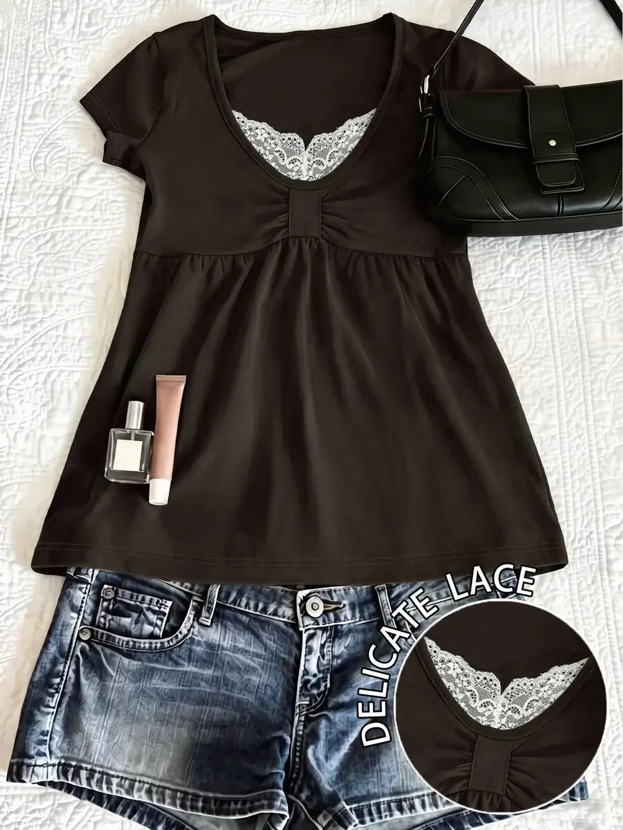 Womens Casual Short Sleeve T-Shirt with Lace Detail