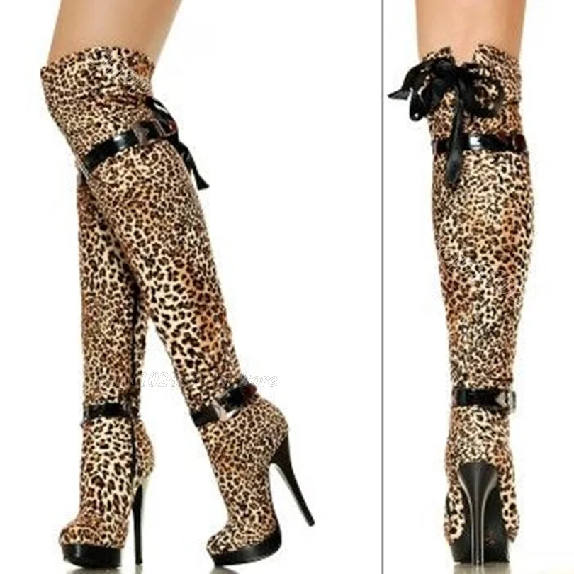 

Leopard Print Platform Buckle Decor Boots Platform Stiletto Side Zipper Lace up Party Dress Women Shoes 2024 Zapatos Para Mujere