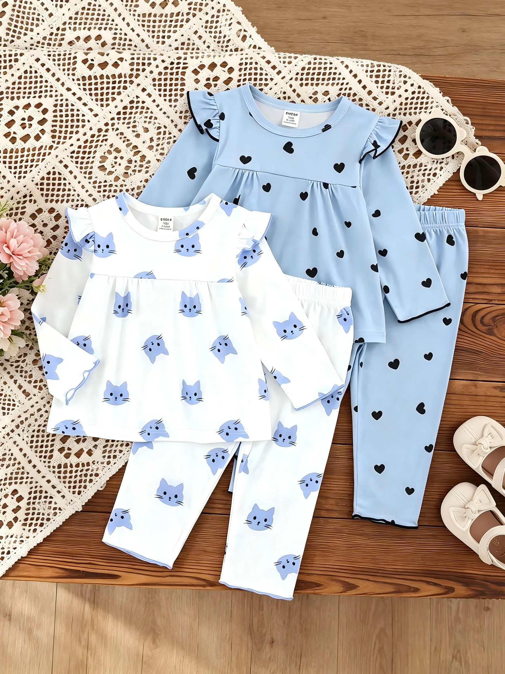 4-Piece Baby Girl Set, Cute Cat & Heart Print, Long Sleeve Ruffle Top & Pants, Soft Casual Home Wear, Spring & Fall