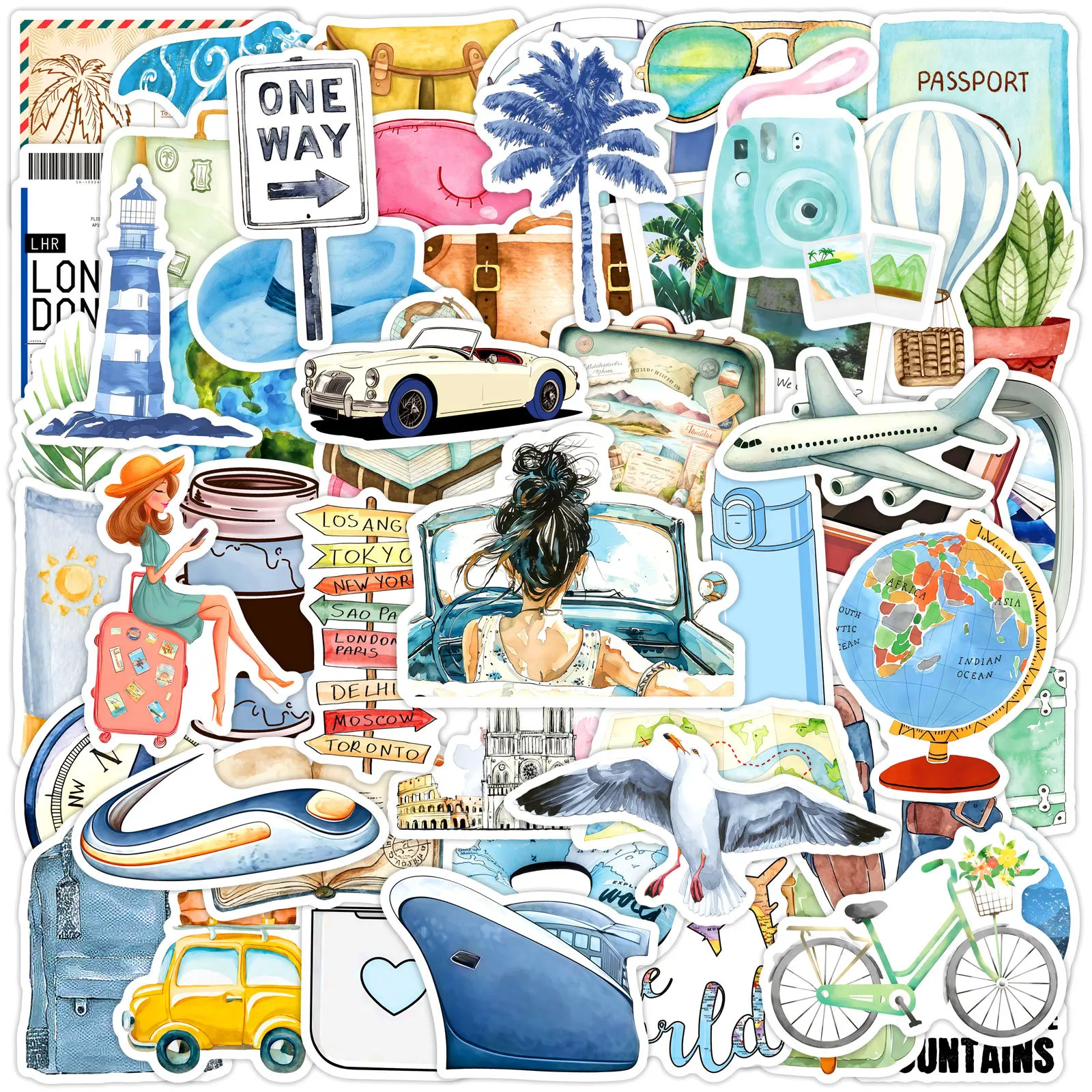 

50/100 Pcs HD Cartoon Watercolor Outdoor Travel Theme Stickers DIY for Skate Cup Fridge Suitcase Diary Thick Durable Decals
