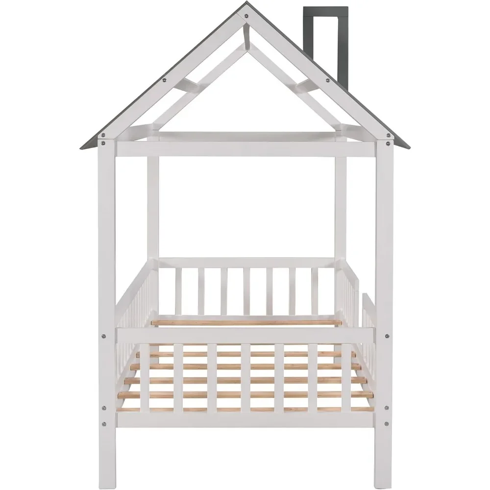 Twin House Bed for Kids,Wood Twin Frame House-Shaped Platform Bed Frame with Roof Windows and Full-Length Safety Rails