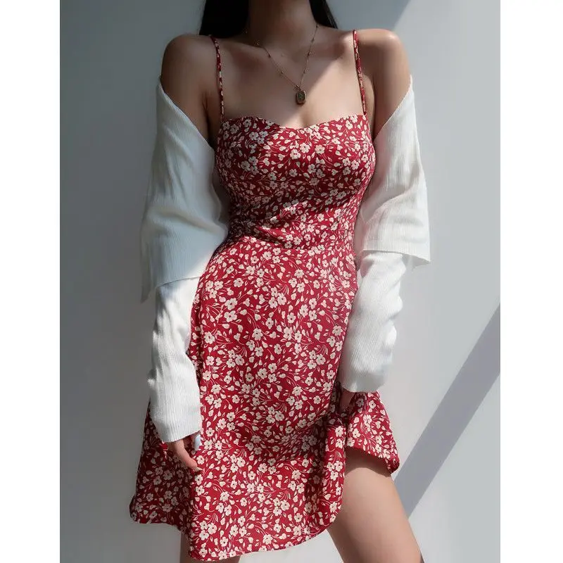 プリントサマーミニドレス女性バックレースストラップ背中の開いたキャミドレスプリントボヘミアンビーチハイウエストサスペンダーセクシーなドレス