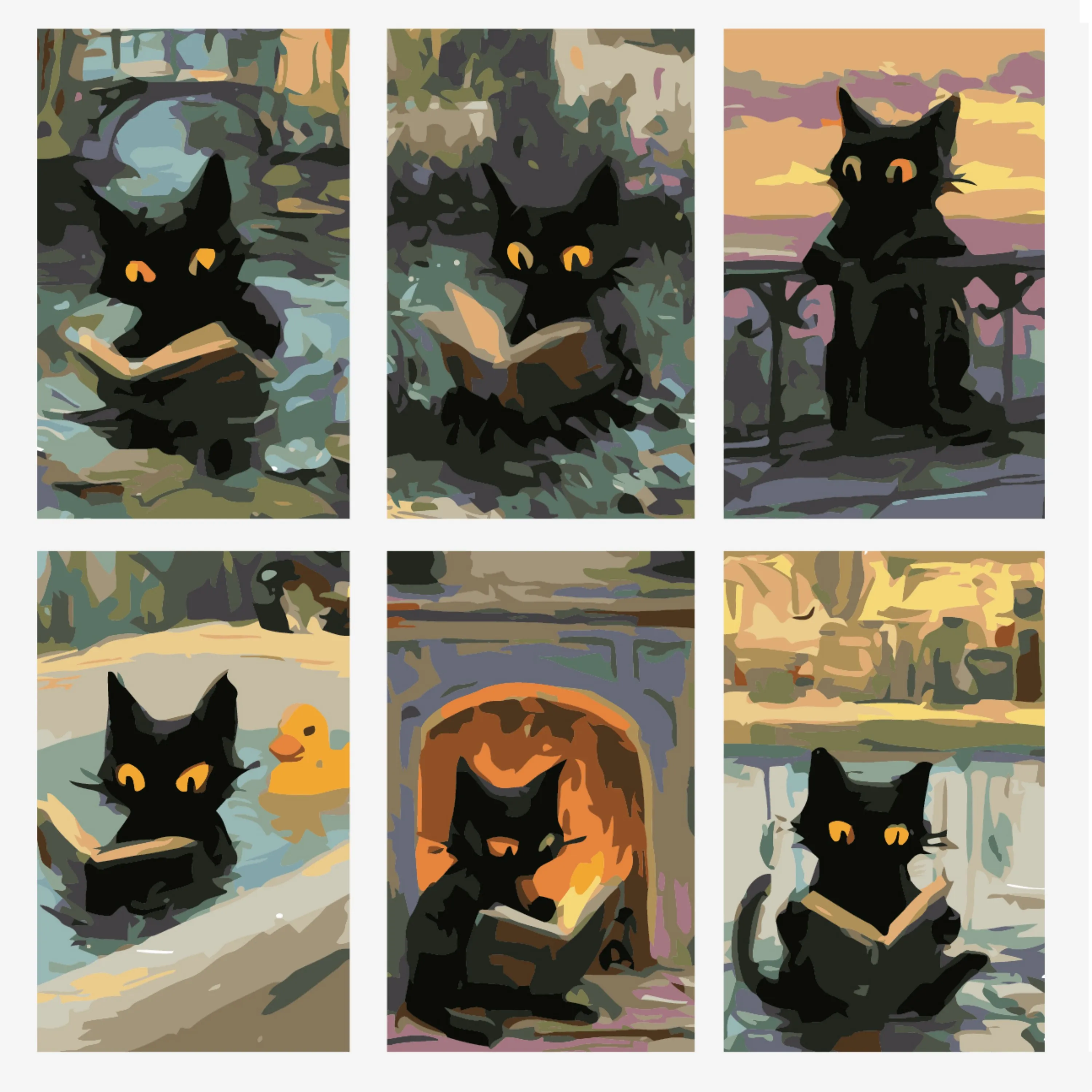6 Stücke DIY-Malereien mit schwarzenden Katzen im Lesezustand, sachkundige und ruhige Atmosphäre, geeignet für die Wanddekoration zu Hause. – Detail 2