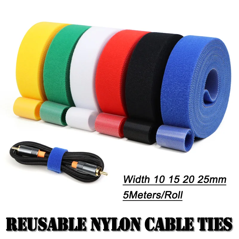 

1Roll 5M Reusable Hook Loop Nylon Fastening Cable Ties Width10/15/20/25mm Wire Organiser DIY Self Adhesive Strap Fastener Tape