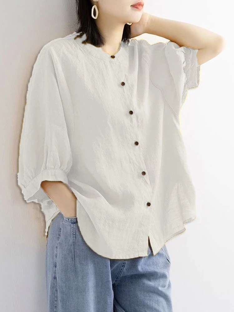 ZOKI Casual Cotton Linen Shirts Oversize Summer Lantern Half Sleeve Tops Summer Korean Loose Mom Button Up Blouse Dropshipping