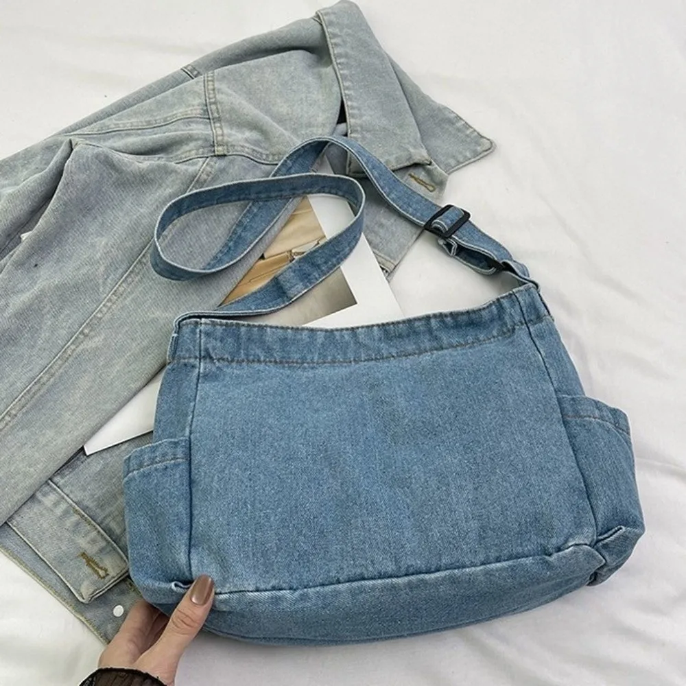 

Fashion Canvas Denim Messenger Bag Multiple Pockets Harajuku Commuting Shoulder Pouch Large Capacity Blue Underarm Bag Daily