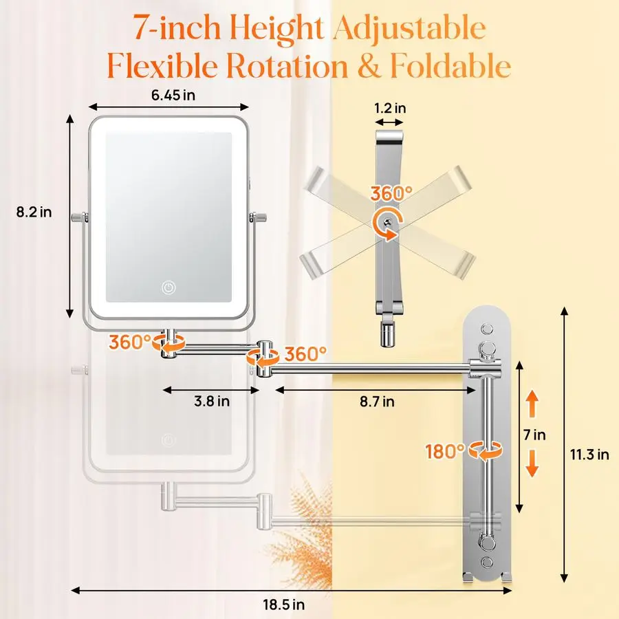 Height Adjustable Wall Mounted Lighted Makeup Mirror with Hooks, 3000mAh Rechargeable with 1X 10X Magnification, 3 Light Colors