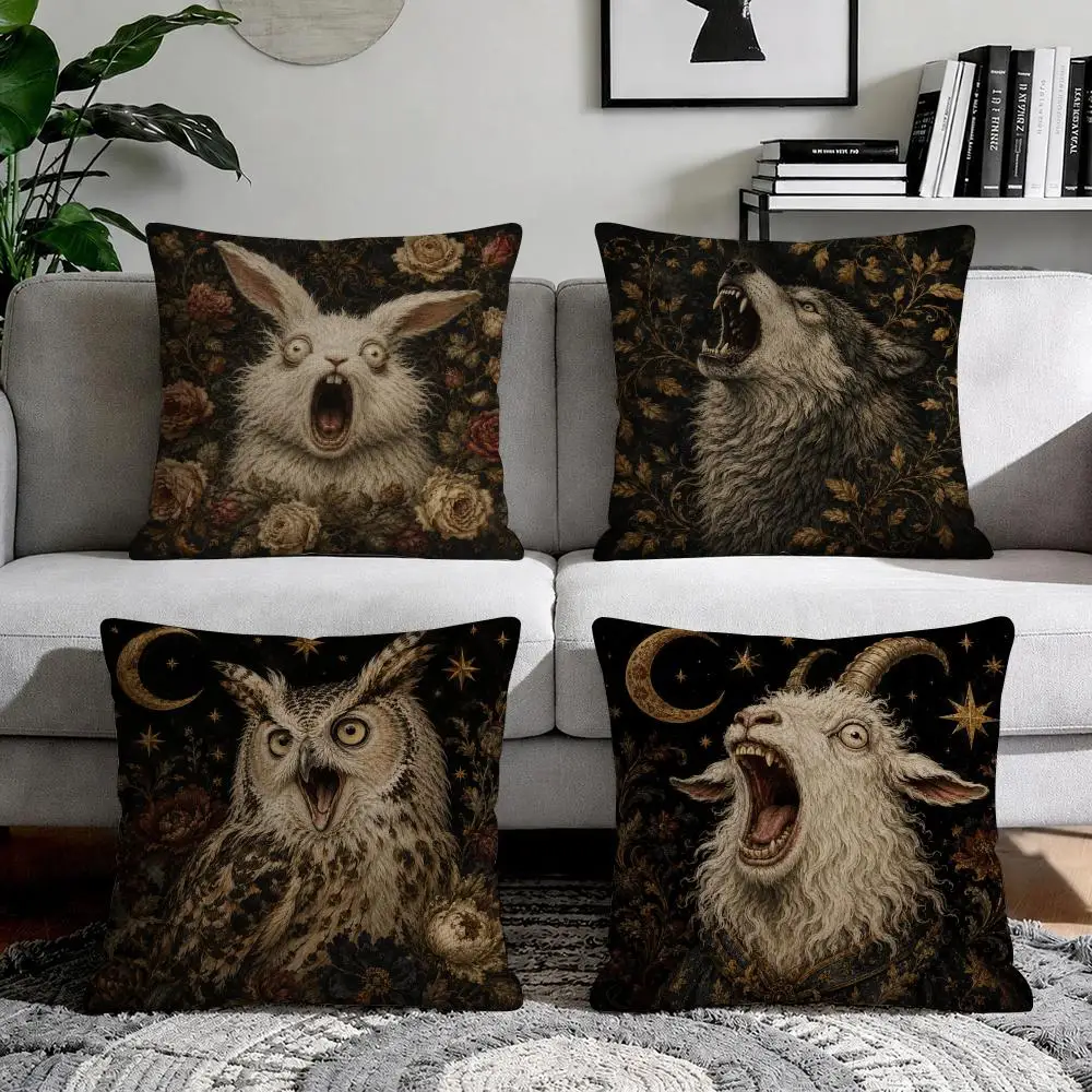 Scary Screaming Animals Cushion Cover Natural Breathable Durable Linen Printed Decor Pillow Case Sofa Bedroom