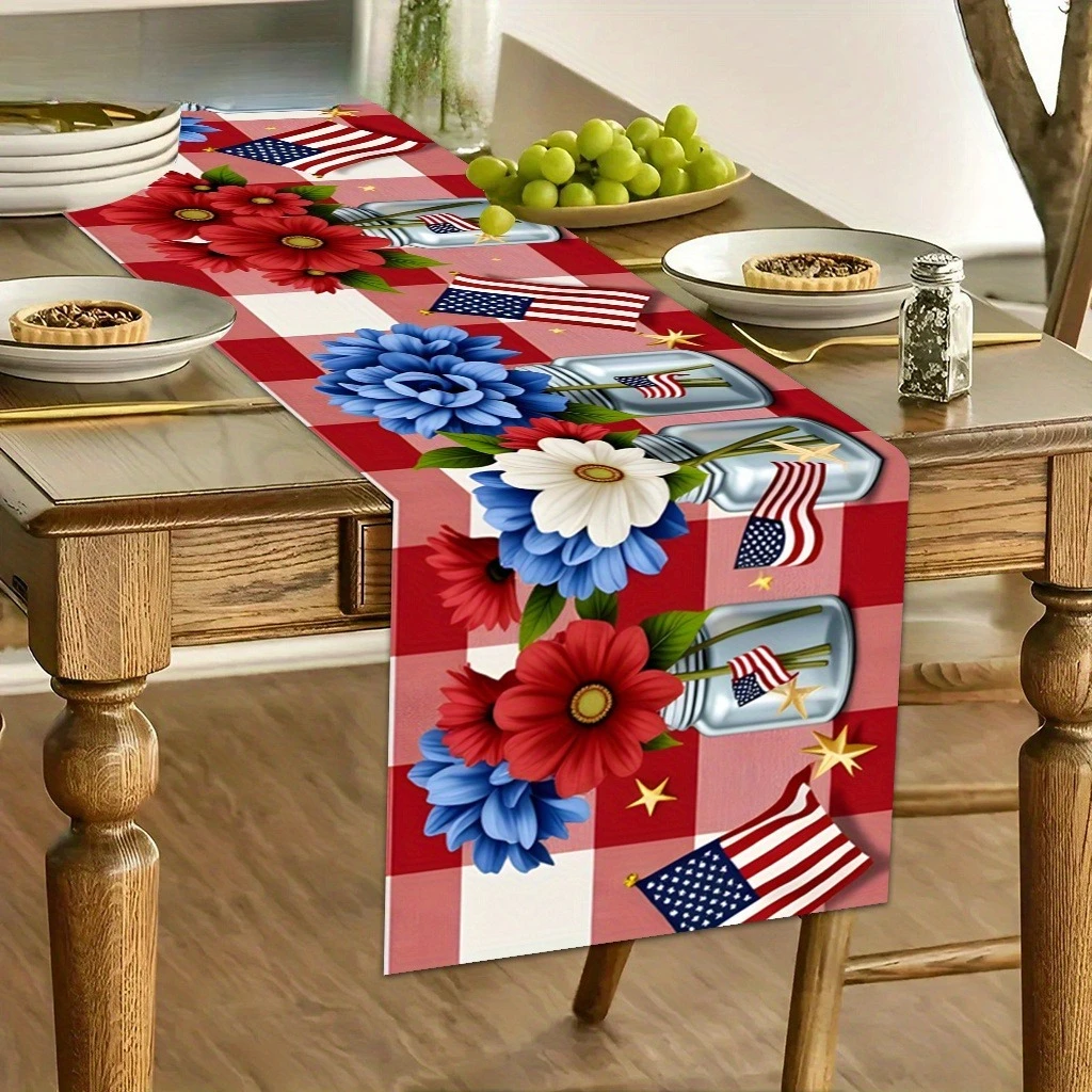 1-Piece Patriotic Flowers & Flags Print Table Runner, Rectangular Table Runner, Universal for Home, Kitchen, Party & Holiday