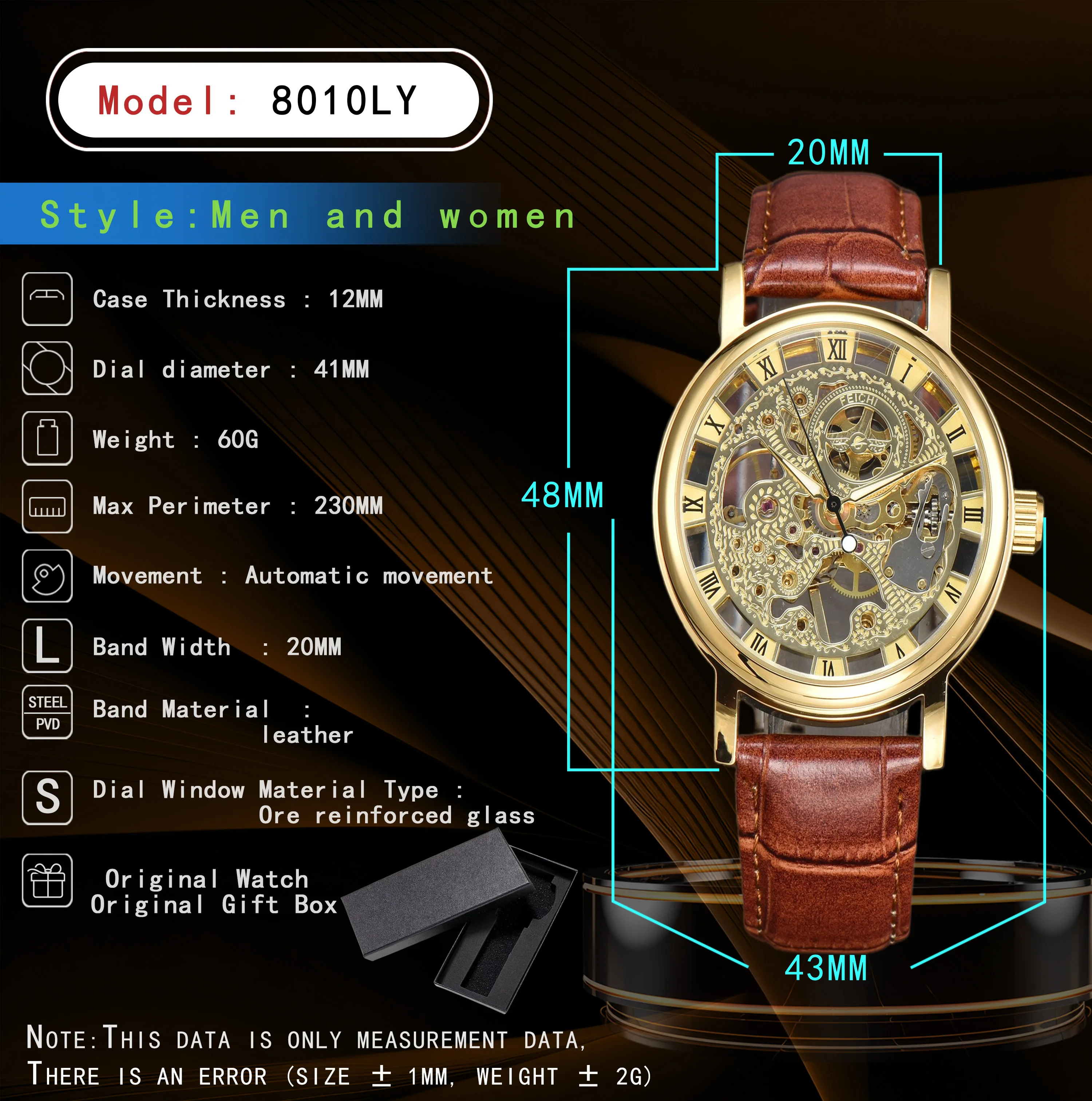 automatic mechanical watch skeleton watch men retro gold watch dress watch no logo watch leathers waterproof LONGLUX men gift ﻿