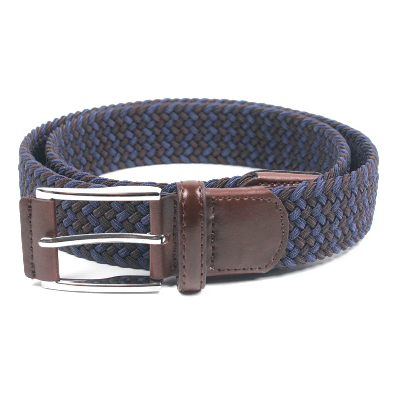 Premium Golf Belt for Men Stretch Braided Belt Casual Dress Pants Shorts Blue Brown Woven Strap with Leather Trim