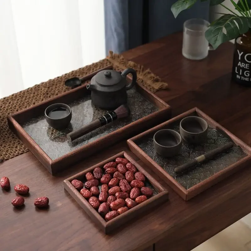 Vintage Wood Frame Glass Bottom Plate Geometric Tray Household Snacks Storage Box Tea Tray Dried fruit Dim Sum Plate Decoration