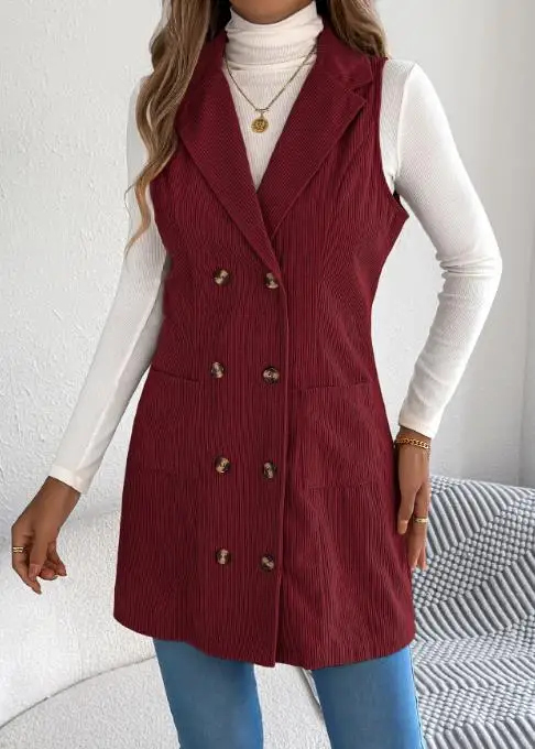 Autumn and Winter 2025 Solid Color Double Breasted Pocket Corduroy Vest, Women's Lapel Slim Fit Commuting Sleeveless Vest Jacket