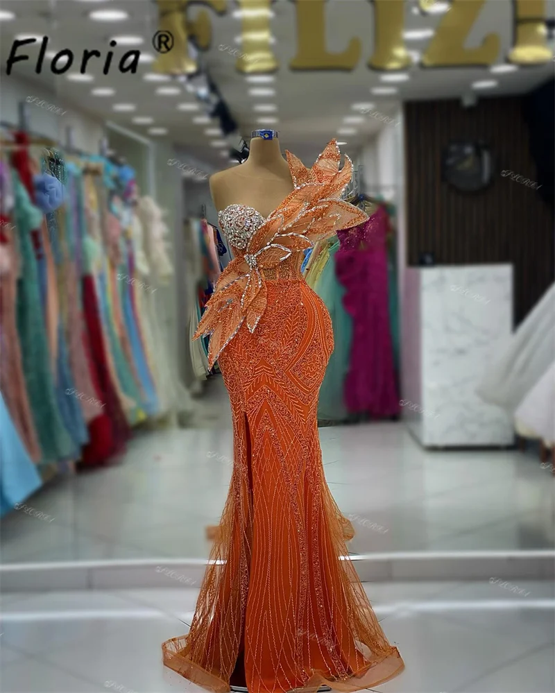 Stunning Sequin Beads Mermaid Evening Dress Dubai 3D Leaves Orange Slit Prom Party Dress Robe de soiree Elegantes Formal