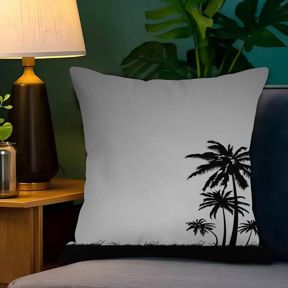 Black And White Palm Tree Beach Landscape Pillow Cover Design Cushion Cover Decor Holiday Decorati
