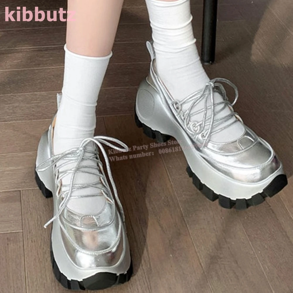 Lace-Up Ballet Pump Sneakers Round Toe Height Increasing Solid Color Patent Leather Fashion Elegant Sexy Party Women Shoes New